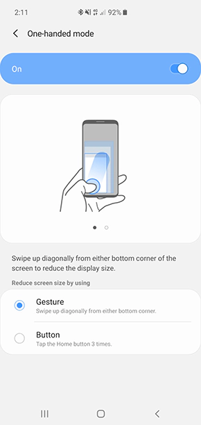 modalità con una mano samsung
