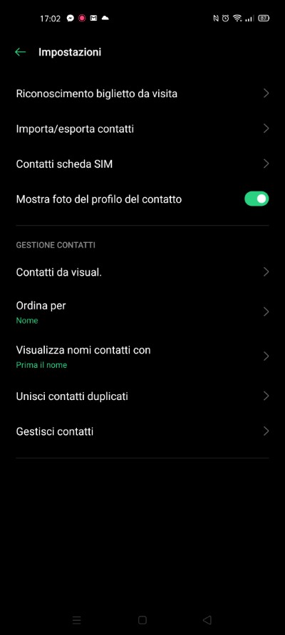 Impostazioni contatti Android