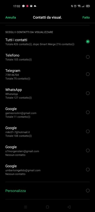 Contatti da visualizzare Android