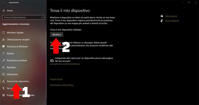 trova il mio dispositivo windows 10