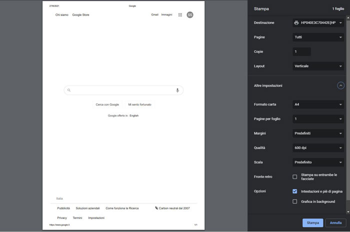 impostazioni di stampa google chrome