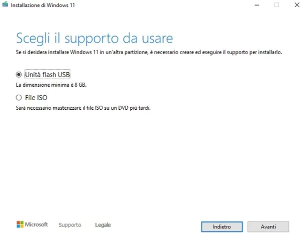 installazione windows 11 da chiavetta usb o hard disk